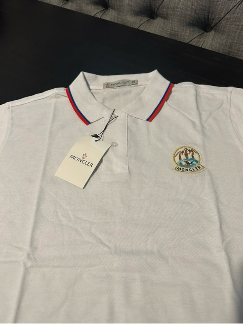 Moncler White Polo with Red & Blue Stripe Collar and Embroidered Crest